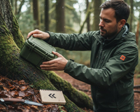 Jemand legt einen wetterfesten Geocache im Wald aus.