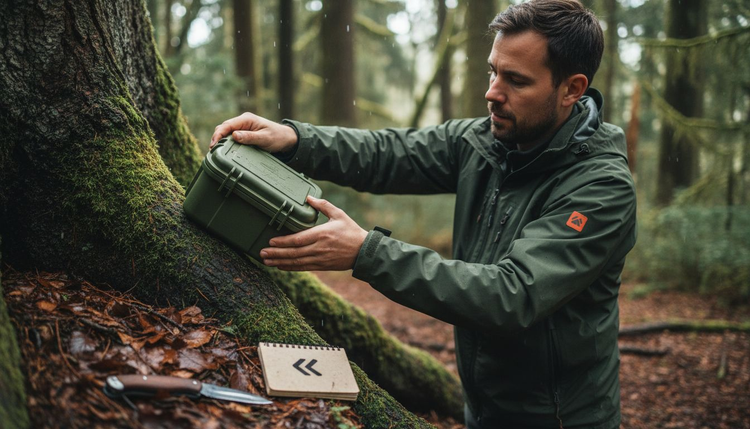 Jemand legt einen wetterfesten Geocache im Wald aus.
