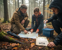 Im bunten Herbstwald gehen Abenteuerlustige auf Schatzsuche und knobeln an kniffligen Geocaching-Rätseln.