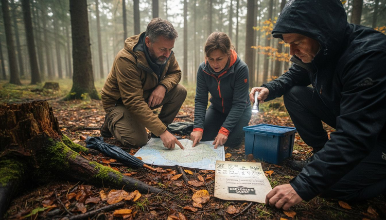 Im bunten Herbstwald gehen Abenteuerlustige auf Schatzsuche und knobeln an kniffligen Geocaching-Rätseln.