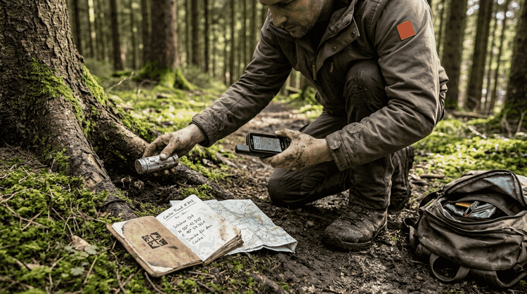 Mit Hilfe seines GPS-Geräts spürt ein Geocacher im Wald erfolgreich einen versteckten Cache auf.