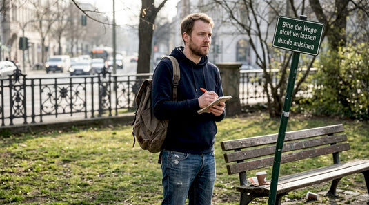 Ein Geocacher erkundet einen Stadtpark auf der Suche nach einem versteckten Schatz.