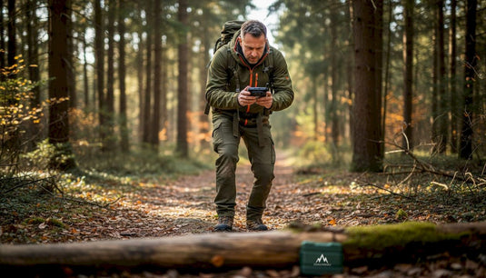 Ein Geocacher testet sein GPS-Gerät mitten im Wald.