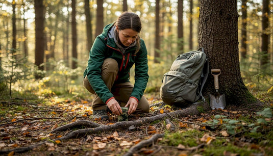 Eine Frau versteckt einen Geocache zwischen Bäumen im Wald.