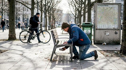 Ein Geocacher hebt im Stadtpark einen versteckten Schatz.