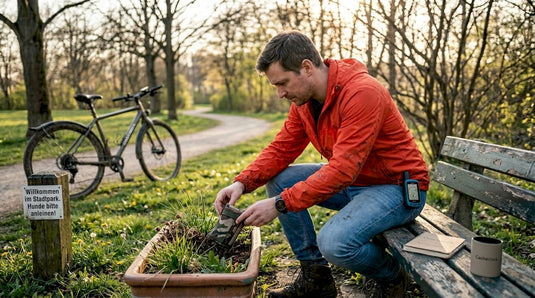 Mann platziert Geocache geschickt an einer Parkbank