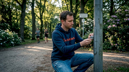 Ein Geocacher hat einen neuen Cache an einem Laternenpfahl mitten in der Stadt versteckt.