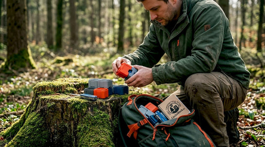 Ein Mann baut im Wald eine modulare Geocache zusammen.