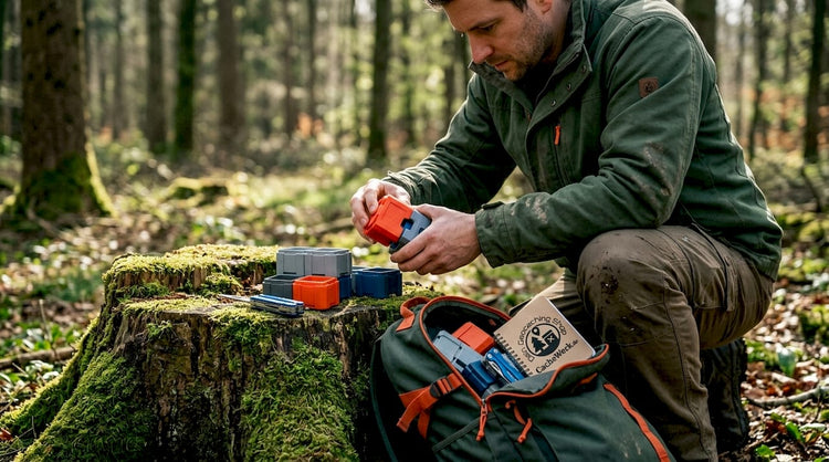Ein Mann baut im Wald eine modulare Geocache zusammen.