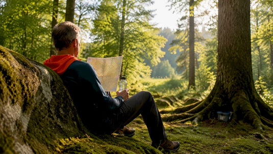 Ein Mann entspannt sich in einer gemütlichen Ruhezone im Wald, die speziell für Geocacher eingerichtet wurde.