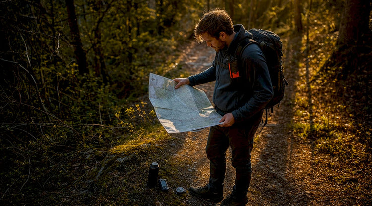 Ein Geocacher studiert im Wald eine Karte mit markierten GPS-Koordinaten.