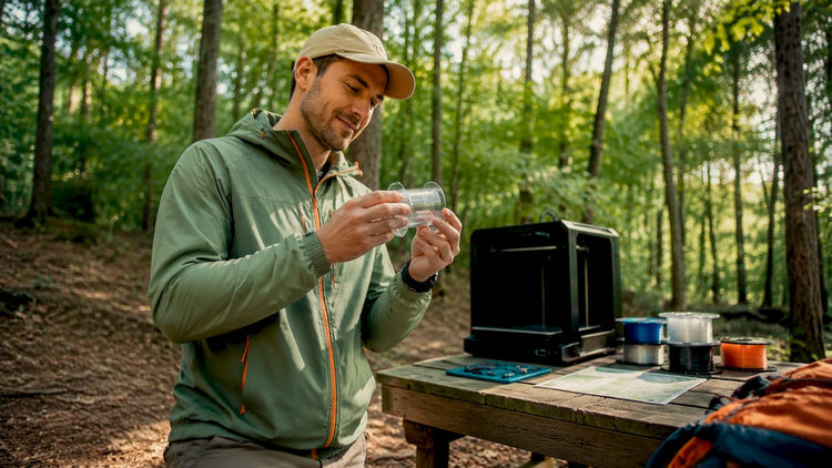 Ein Mann begutachtet im Freien einen Geocache-Behälter aus PETG-Kunststoff.