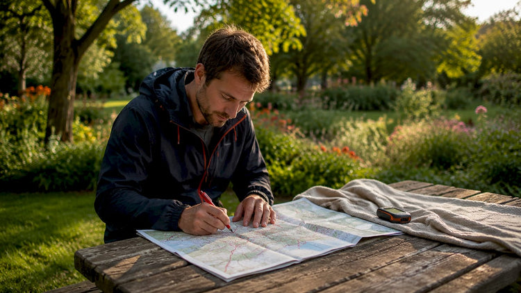 Ein Geocacher sitzt am Tisch und tüftelt mit einer Karte an seiner nächsten Route.