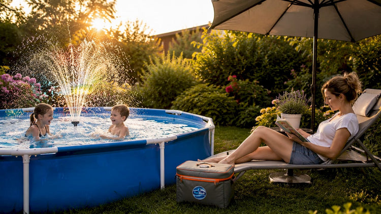 Ein erfrischender Pool im eigenen Garten, in dem das Wasser sprudelt und die Kinder ausgelassen planschen und spielen.