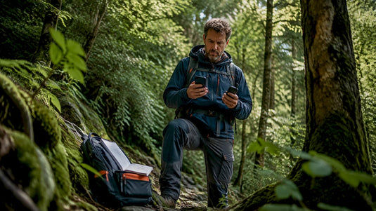 Ein Geocacher tüftelt im Wald an seinem neuen Cache-Konzept.