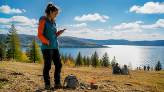 Eine Frau erkundet mit Hilfe der Geocaching-Live-Karte den Wald und macht sich auf die Suche nach versteckten Schätzen.