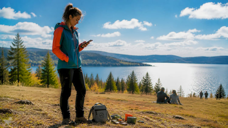 Eine Frau erkundet mit Hilfe der Geocaching-Live-Karte den Wald und macht sich auf die Suche nach versteckten Schätzen.