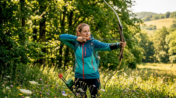 Eine Frau steht auf einer Lichtung im Wald und macht sich bereit, mit ihrem Bogen zu schießen.