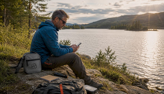 Ein Mann nutzt die Geocaching Buddylist-App, während er durch den Wald streift.
