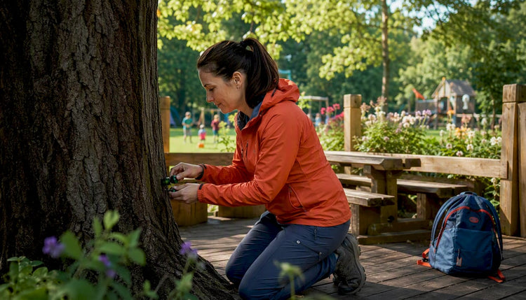 Eine Frau bringt einen winzigen Geocache an einem Straßenschild in der Stadt an.