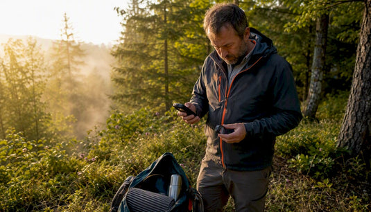 Ein Geocacher legt einen Trackable im Wald ab.