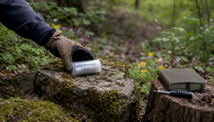 Eine Hand platziert einen Geocache-Behälter aus PETG im Wald.