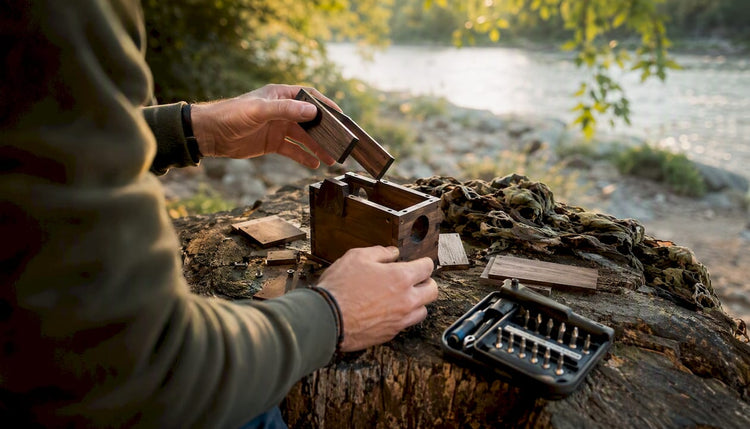 Draußen tüfteln ein paar Hände an einer kniffligen Geocache-Box.