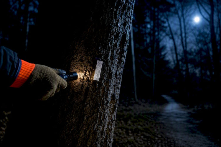 Seitlich am Baum angebrachter Reflektor im nächtlichen Wald