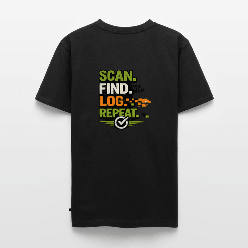 Laden Sie das Bild in Galerie -Viewer, Geocaching Premium T-Shirt „Scan Find Log Repeat“ – Geocacher Pullover mit GPS Motiv - CacheWerk
