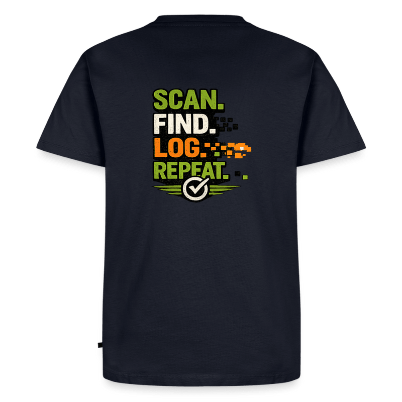 Laden Sie das Bild in Galerie -Viewer, Geocaching Premium T-Shirt „Scan Find Log Repeat“ – Geocacher Pullover mit GPS Motiv - CacheWerk
