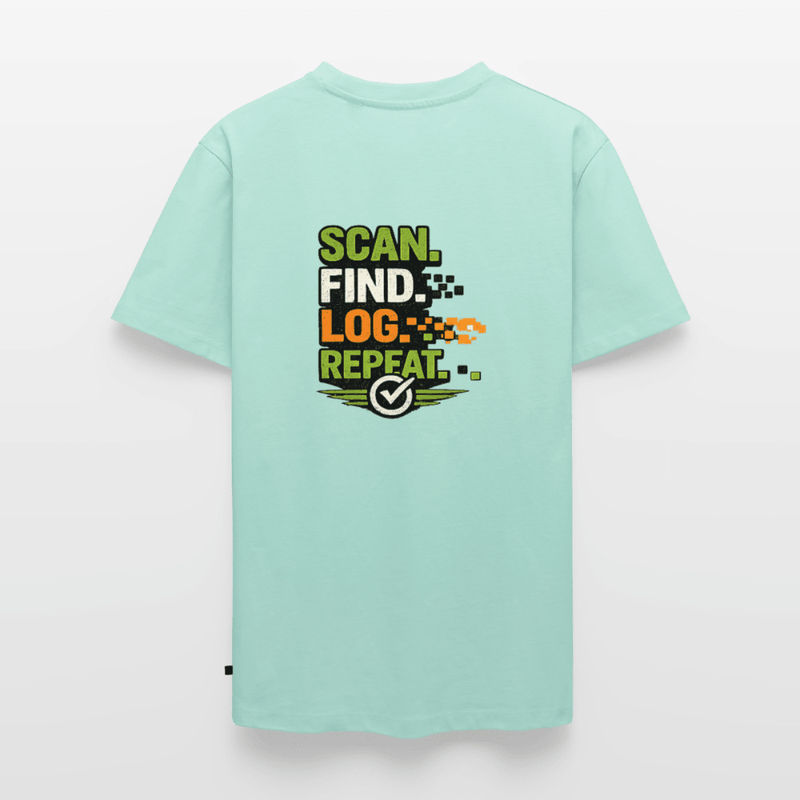 Laden Sie das Bild in Galerie -Viewer, Geocaching Premium T-Shirt „Scan Find Log Repeat“ – Geocacher Pullover mit GPS Motiv - CacheWerk
