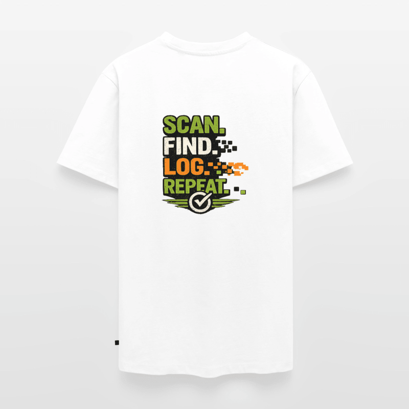 Laden Sie das Bild in Galerie -Viewer, Geocaching Premium T-Shirt „Scan Find Log Repeat“ – Geocacher Pullover mit GPS Motiv - CacheWerk
