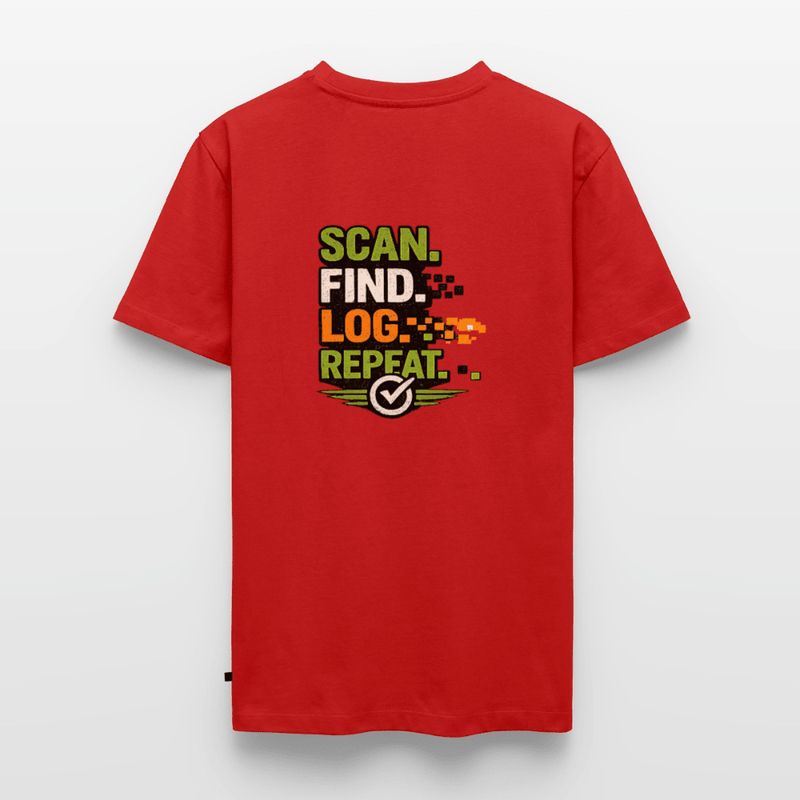 Laden Sie das Bild in Galerie -Viewer, Geocaching Premium T-Shirt „Scan Find Log Repeat“ – Geocacher Pullover mit GPS Motiv - CacheWerk
