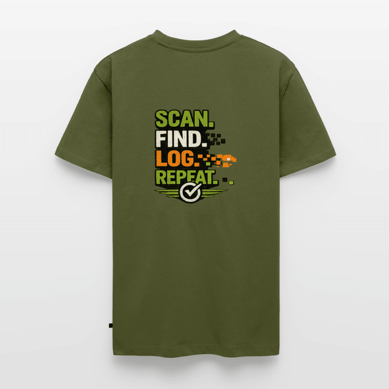 Laden Sie das Bild in Galerie -Viewer, Geocaching Premium T-Shirt „Scan Find Log Repeat“ – Geocacher Pullover mit GPS Motiv - CacheWerk
