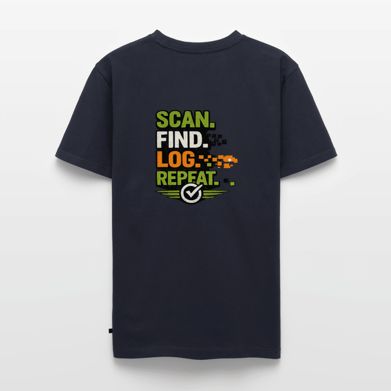 Laden Sie das Bild in Galerie -Viewer, Geocaching Premium T-Shirt „Scan Find Log Repeat“ – Geocacher Pullover mit GPS Motiv - CacheWerk
