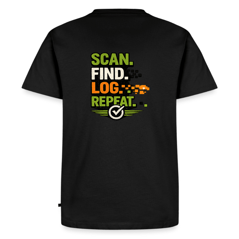 Laden Sie das Bild in Galerie -Viewer, Geocaching Premium T-Shirt „Scan Find Log Repeat“ – Geocacher Pullover mit GPS Motiv - CacheWerk

