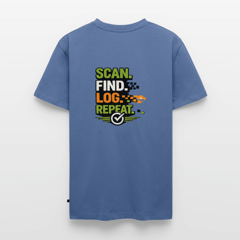 Laden Sie das Bild in Galerie -Viewer, Geocaching Premium T-Shirt „Scan Find Log Repeat“ – Geocacher Pullover mit GPS Motiv - CacheWerk
