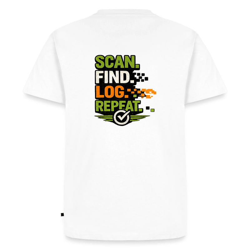 Laden Sie das Bild in Galerie -Viewer, Geocaching Premium T-Shirt „Scan Find Log Repeat“ – Geocacher Pullover mit GPS Motiv - CacheWerk
