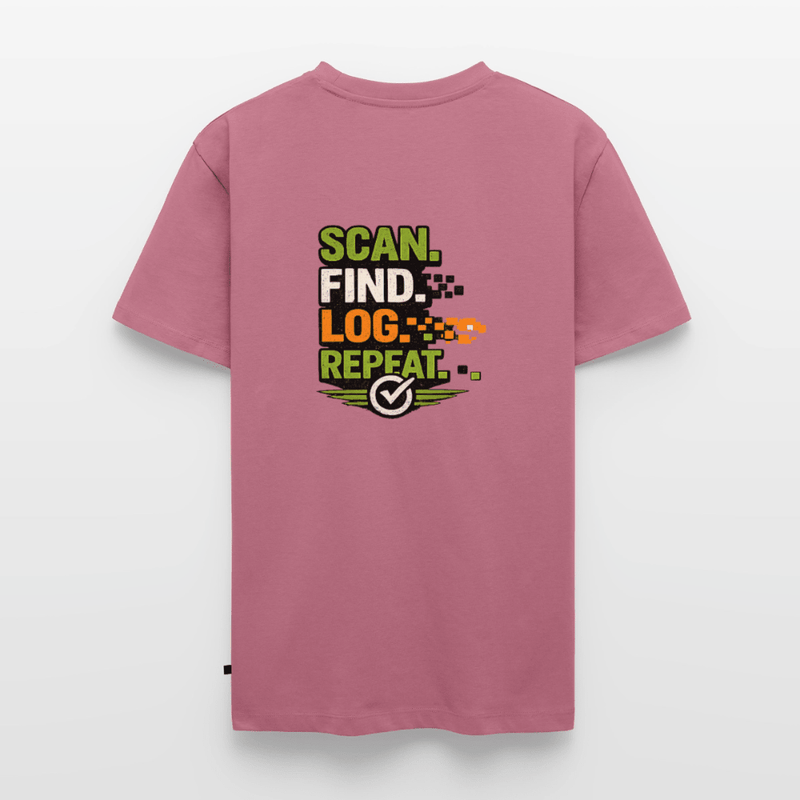 Laden Sie das Bild in Galerie -Viewer, Geocaching Premium T-Shirt „Scan Find Log Repeat“ – Geocacher Pullover mit GPS Motiv - CacheWerk
