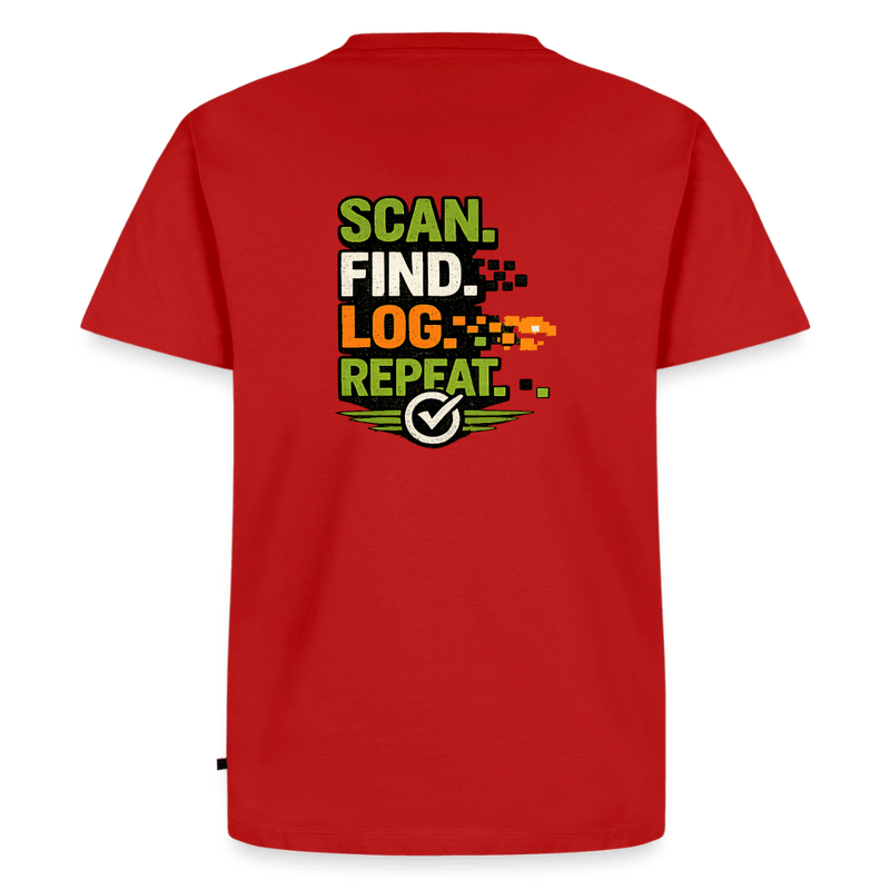 Laden Sie das Bild in Galerie -Viewer, Geocaching Premium T-Shirt „Scan Find Log Repeat“ – Geocacher Pullover mit GPS Motiv - CacheWerk

