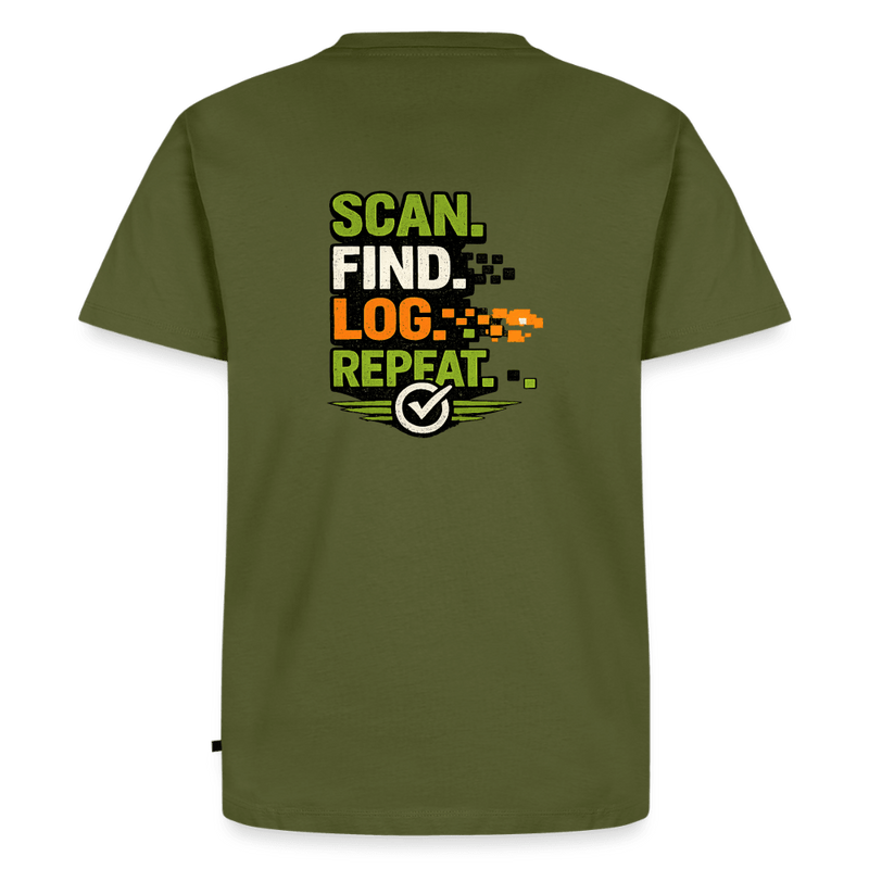 Laden Sie das Bild in Galerie -Viewer, Geocaching Premium T-Shirt „Scan Find Log Repeat“ – Geocacher Pullover mit GPS Motiv - CacheWerk

