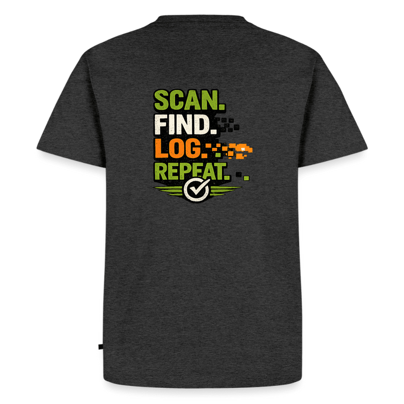 Laden Sie das Bild in Galerie -Viewer, Geocaching Premium T-Shirt „Scan Find Log Repeat“ – Geocacher Pullover mit GPS Motiv - CacheWerk
