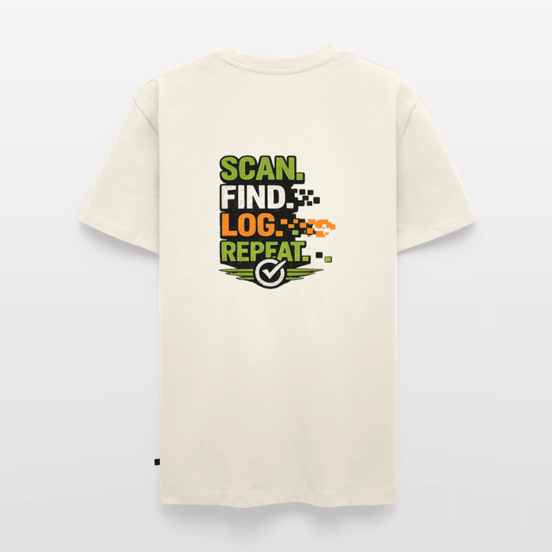 Laden Sie das Bild in Galerie -Viewer, Geocaching Premium T-Shirt „Scan Find Log Repeat“ – Geocacher Pullover mit GPS Motiv - CacheWerk
