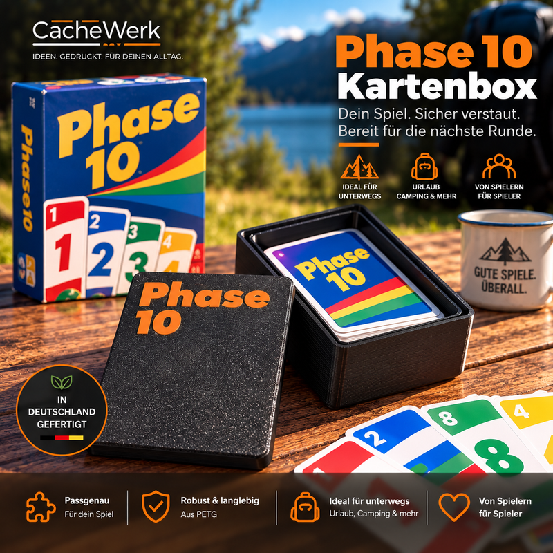 Laden Sie das Bild in Galerie -Viewer, CacheWerk GameBox für Phase 10 – schwarze Kartenbox mit orangefarbener Beschriftung, Produktgrafik für unterwegs
