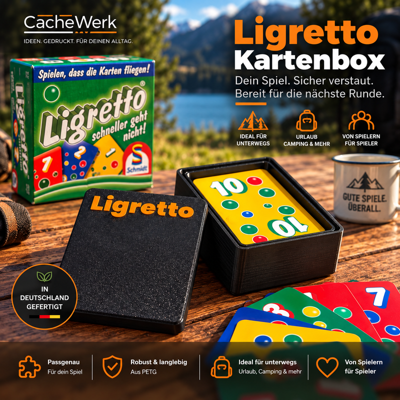Laden Sie das Bild in Galerie -Viewer, CacheWerk GameBox für Ligretto – schwarze Kartenbox mit orangefarbener Beschriftung, Produktgrafik für unterwegs
