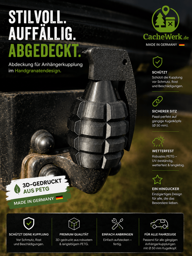 Laden Sie das Bild in Galerie -Viewer, Abdeckung für Anhängerkupplung im Handgranaten‑Design | Humorvolle Tow Hitch Cover | Auto Zubehör | Geschenk für Autofans - CacheWerk
