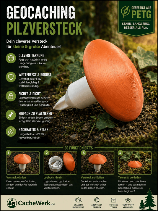Geocaching Pilz-Versteck – 3D-gedruckt mit Logbuchfach - CacheWerk