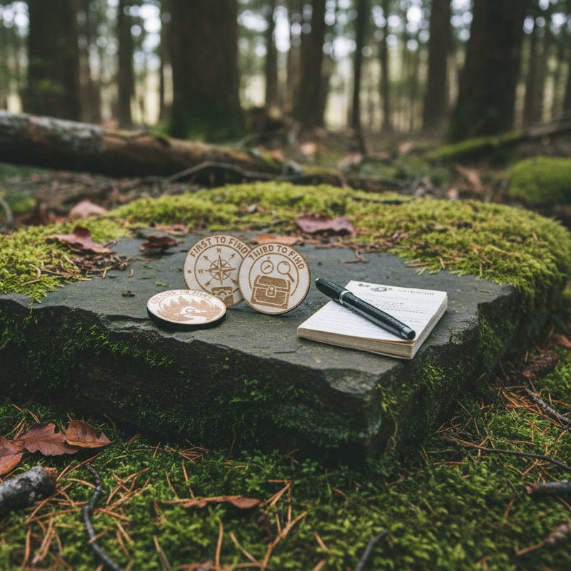 Load image into Gallery viewer, Geocaching FTF‑Münzen aus Holz – First, Second &amp; Third to Find | Optional mit Gravur | CacheWerk - CacheWerk
